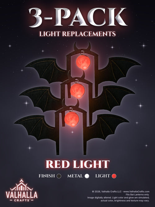 Bat Lantern Light Replacements 3-Pack, Black finish with Silver metal, Red light: three bat-shaped replacement light inserts with spread wings, small horns, engraved wing lines and silver jump rings, overlapping one above another, each glass bulb glowing red, on a dark misty night background with stars. Text reads 3-Pack Light Replacements, Red Light.