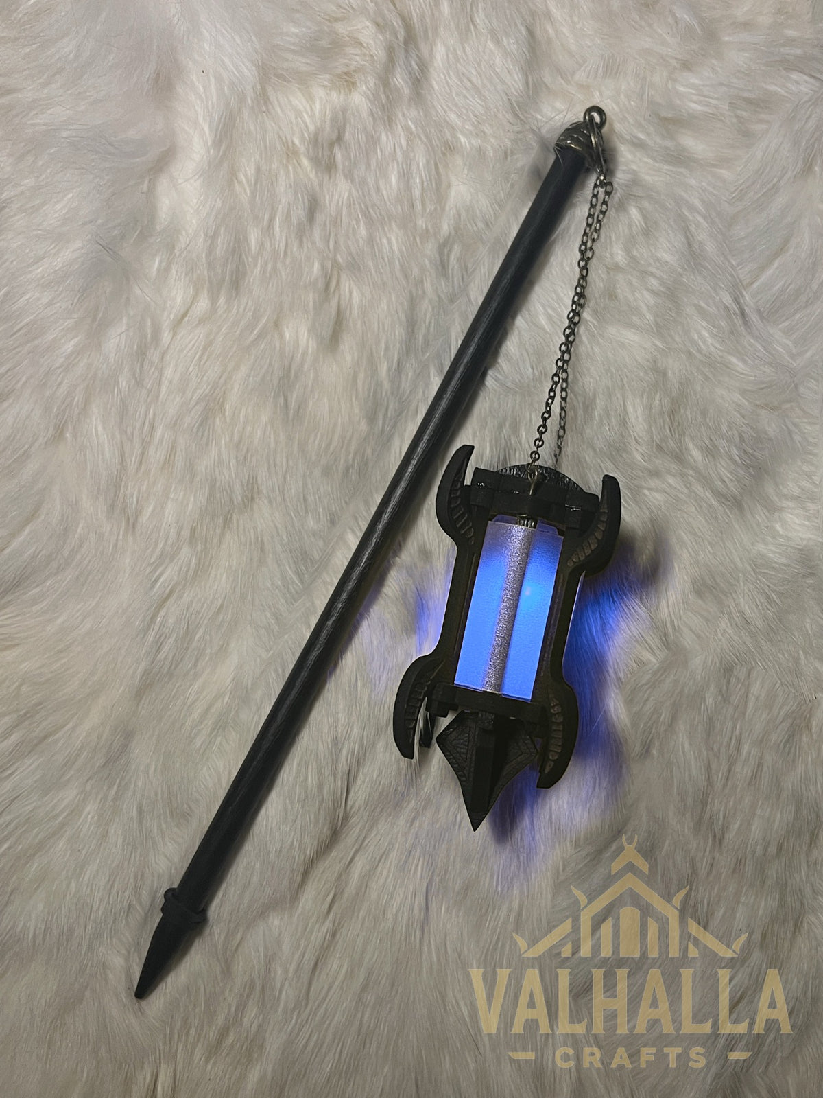Gothic Lantern on a hair stick, bronze metal, blue light