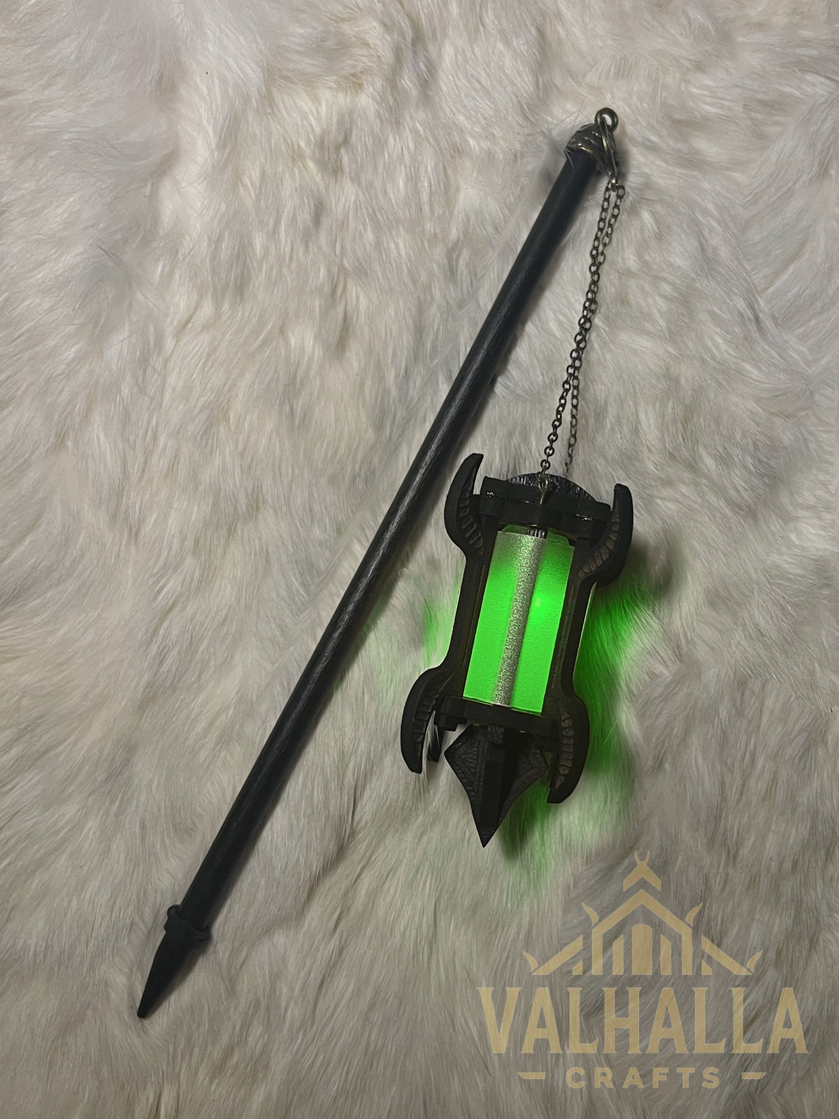 Gothic Lantern on a hair stick, bronze metal, green light
