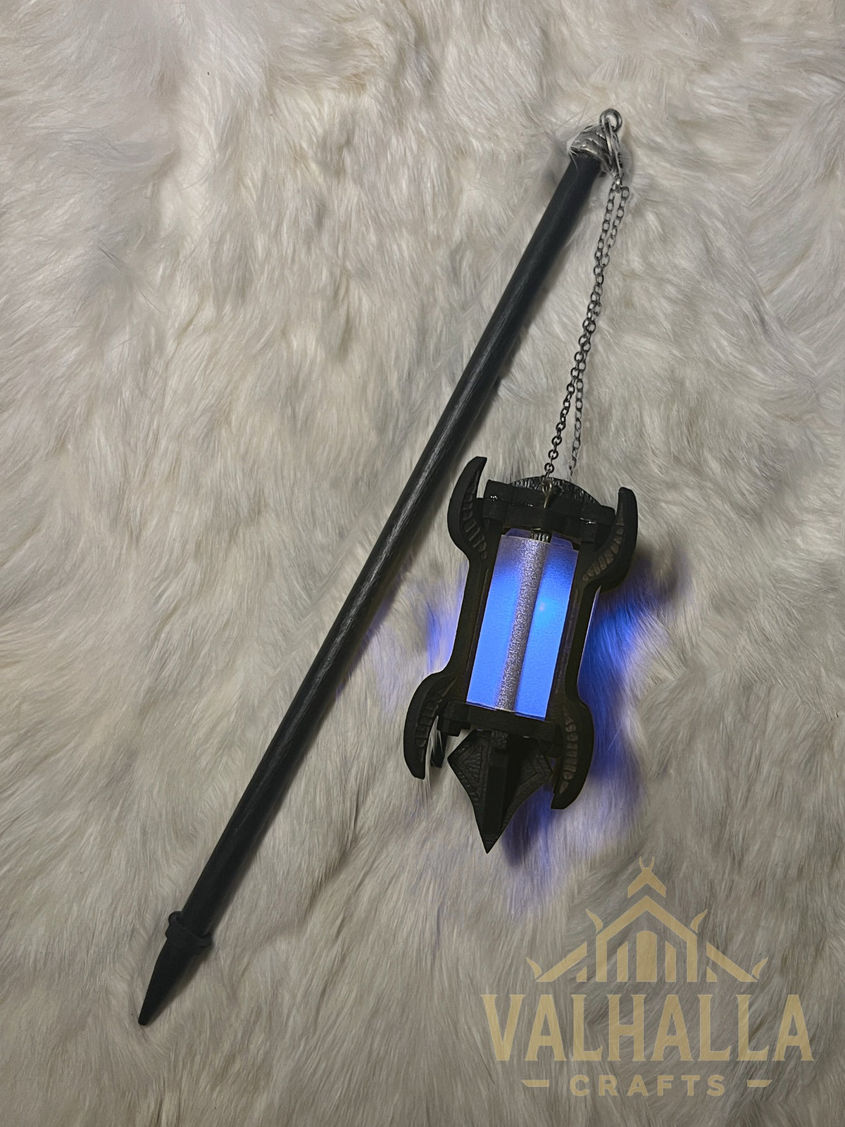 Gothic Lantern on a hair stick, silver metal, blue light