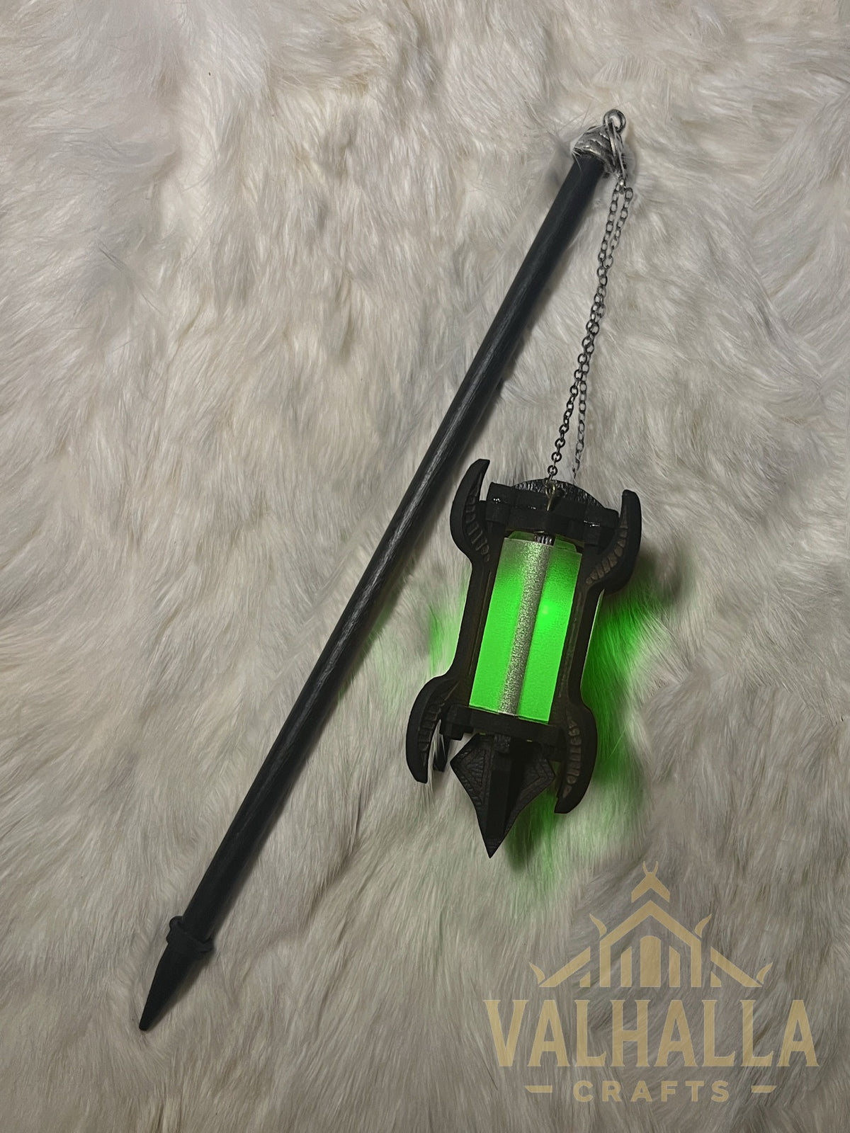 Gothic Lantern on a hair stick, silver metal, green light