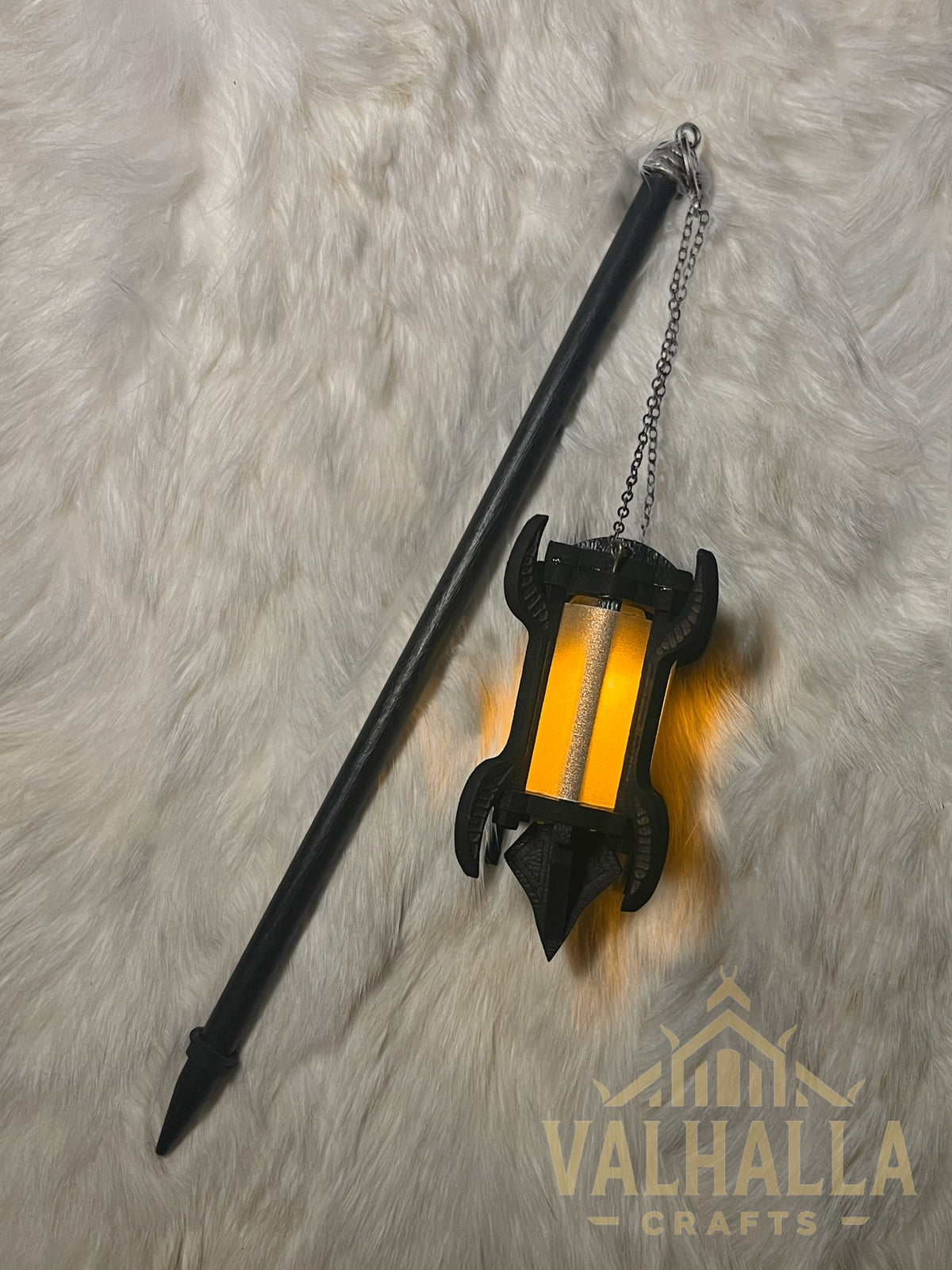 Gothic Lantern on a hair stick, silver metal, orange light