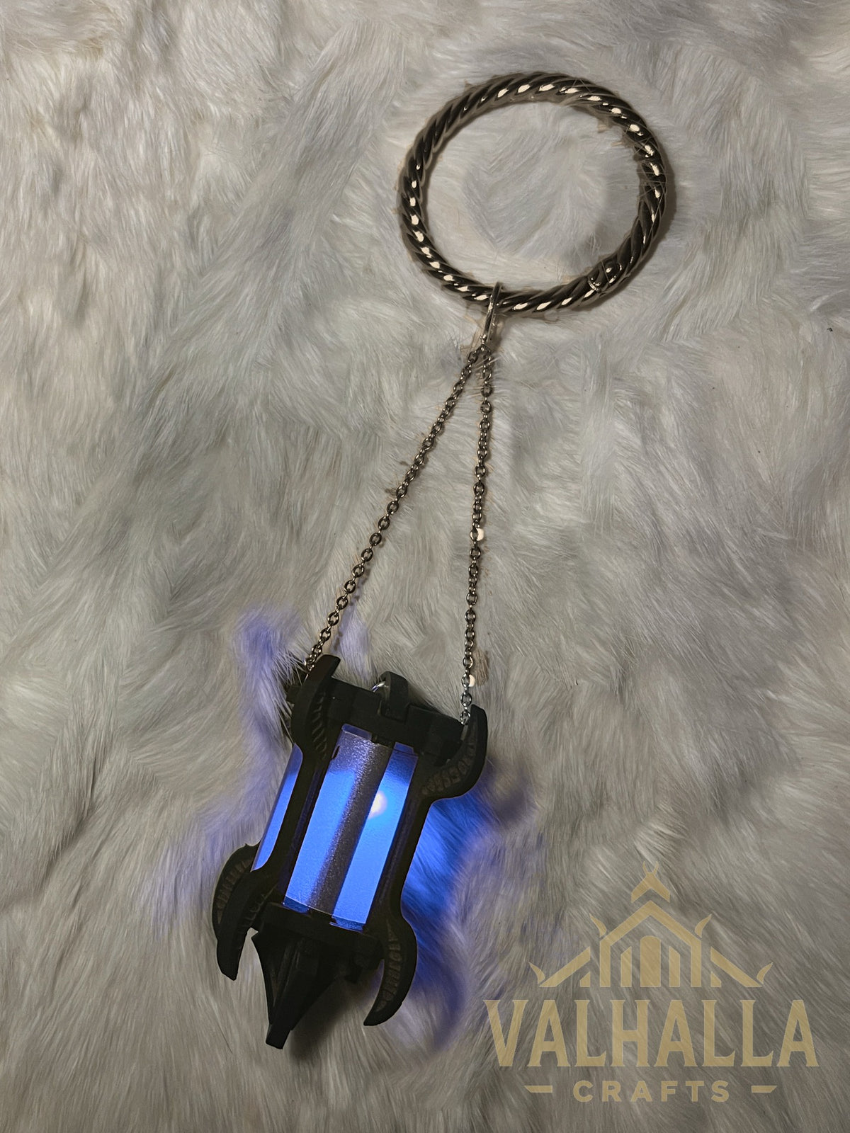Gothic Lantern on a mug ring, bronze metal, blue light