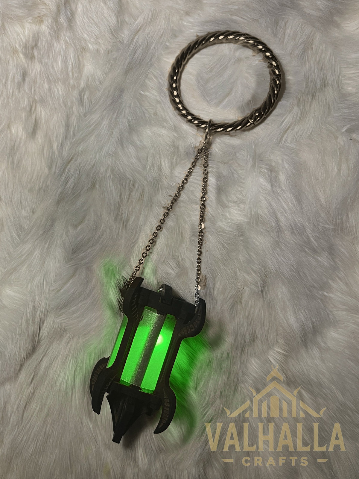 Gothic Lantern on a mug ring, bronze metal, green light