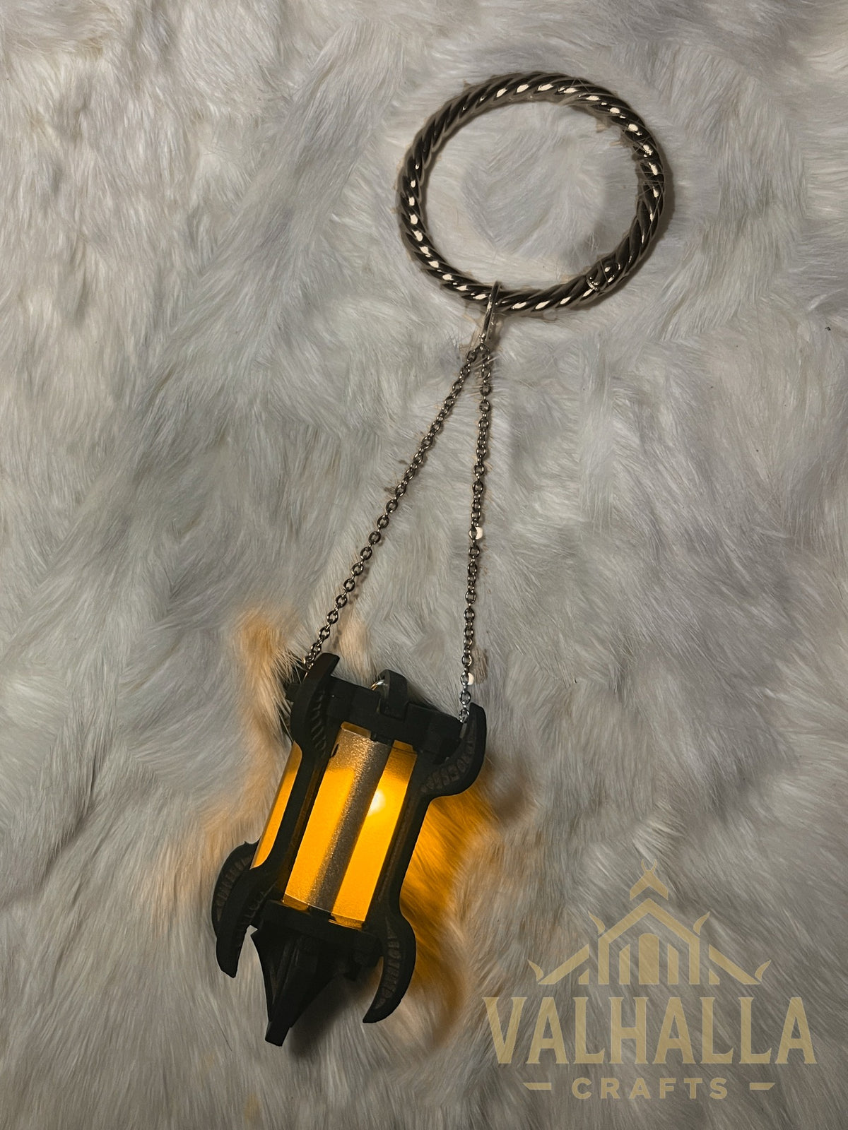 Gothic Lantern on a mug ring, bronze metal, orange light