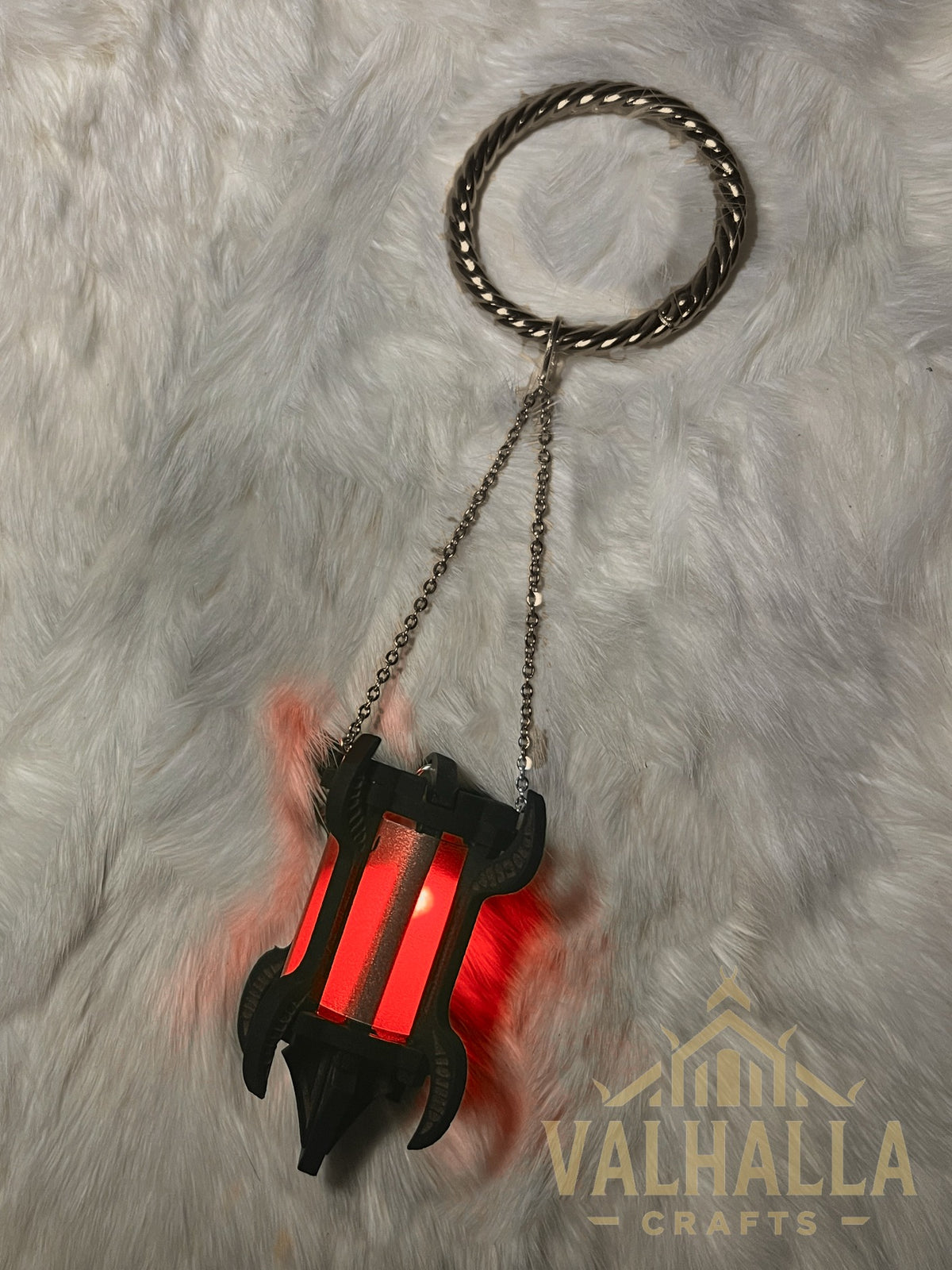 Gothic Lantern on a mug ring, bronze metal, red light