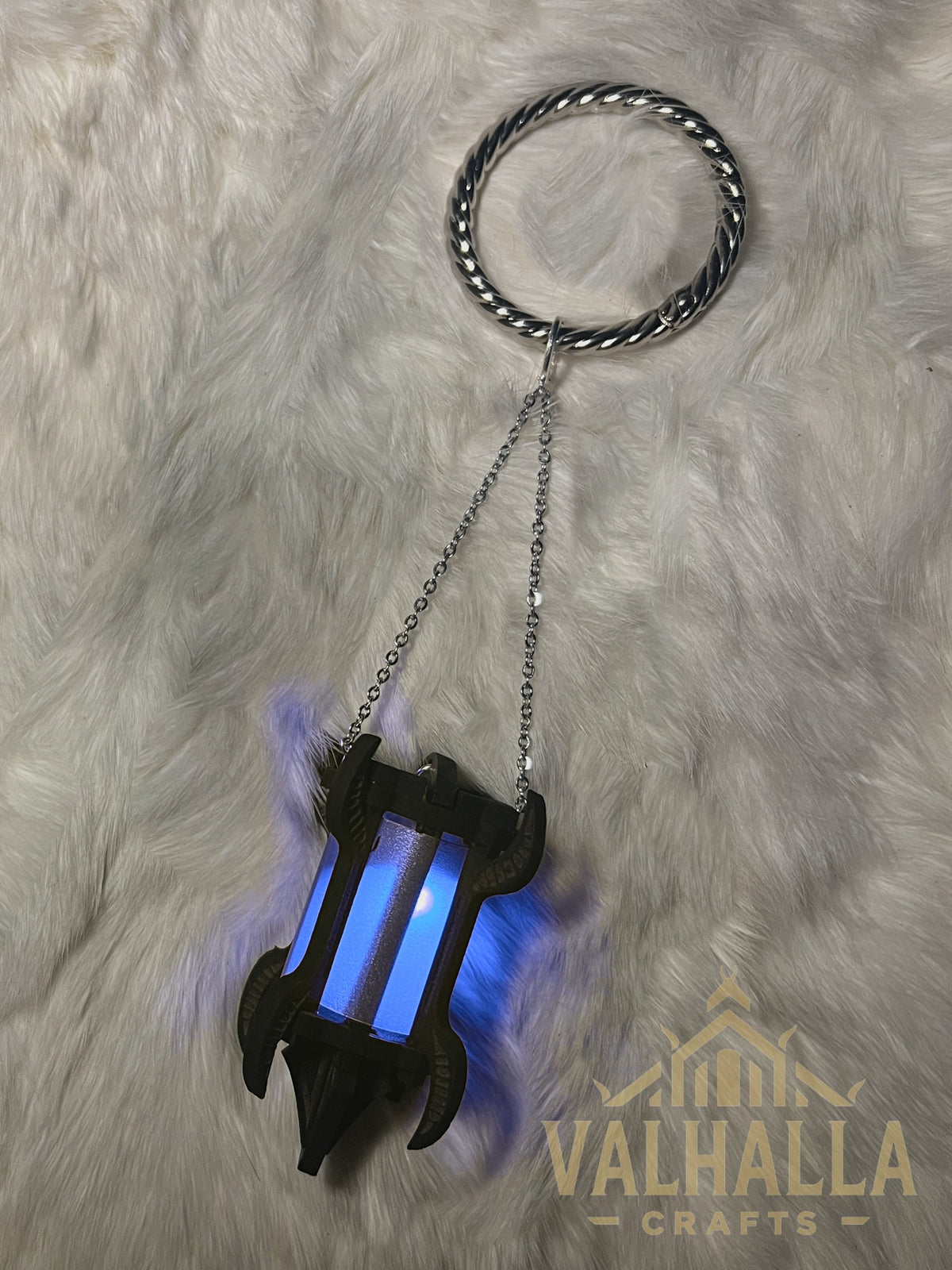 Gothic Lantern on a mug ring, silver metal, blue light