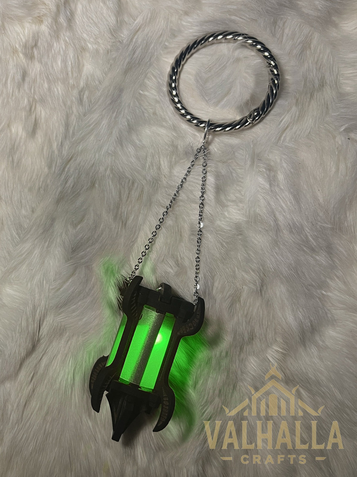 Gothic Lantern on a mug ring, silver metal, green light