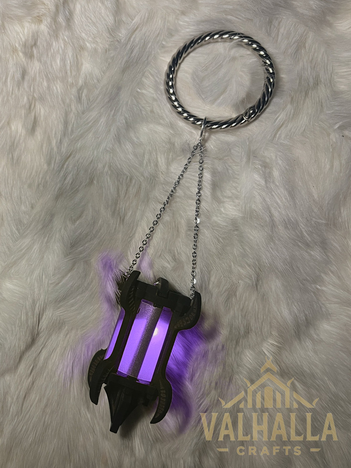Gothic Lantern on a mug ring, silver metal, purple light