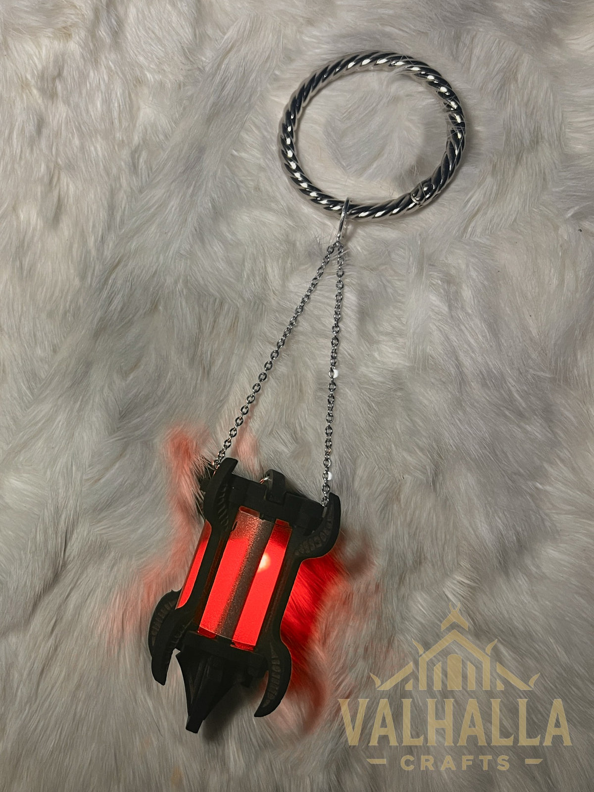 Gothic Lantern on a mug ring, silver metal, red light