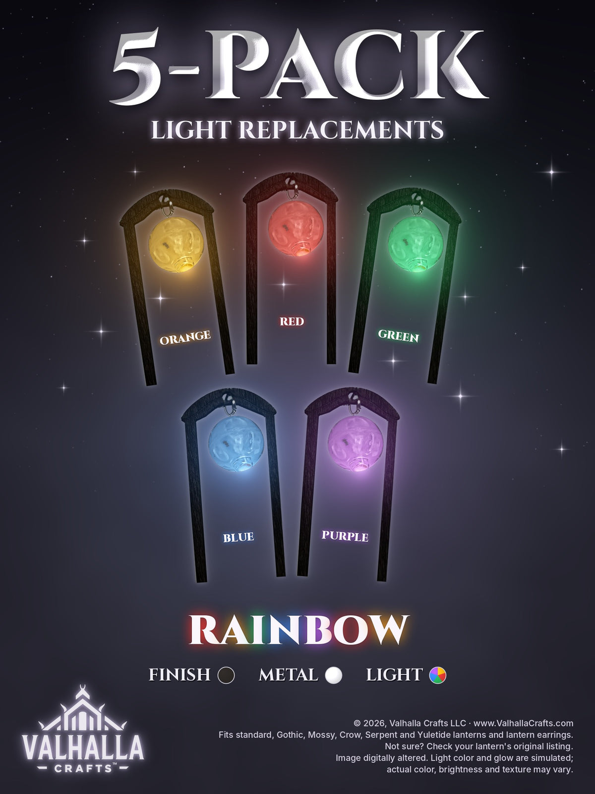 Lantern Light Replacements Rainbow 5-Pack, Black finish with Silver metal: five replacement light inserts with black frames and silver jump rings, one glowing in each color (orange, red, green, blue and purple), fanned in a row of three above a row of two on a dark misty night background with stars, each labeled with its color. Text reads 5-Pack Light Replacements, Rainbow.